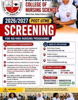 Jigawa College of Nursing Sciences ND/HND Nursing Admission form, 2026/2027