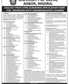 UNIDEL Post-UTME/DE 2026: Cut-off mark, Eligibility and Registration Details