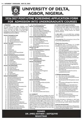 UNIDEL Post-UTME/DE 2026: Cut-off mark, Eligibility and Registration Details