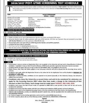 UNIPORT Post-UTME screening schedule, 2026/2027