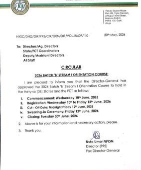 NYSC releases official timetable for 2026 Batch ‘B’ Stream I Orientation Course