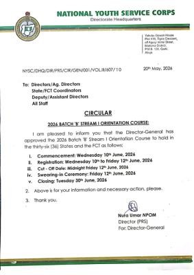NYSC releases official timetable for 2026 Batch 'B' Stream I Orientation Course