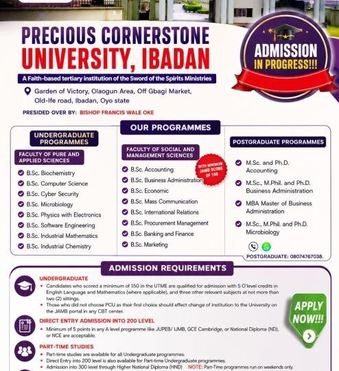 Precious Cornerstone University Post-UTME/DE 2026: Cut-off mark, Eligibility and Registration Details