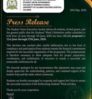 UCTH College of Nursing Sciences SUG announces new dates for students’ week