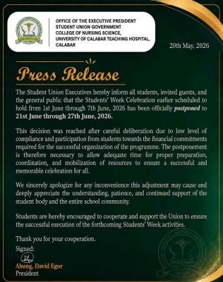 UCTH College of Nursing Sciences SUG announces new dates for students' week