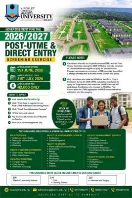 Kingsley Ozumba Mbadiwe University Post-UTME/DE 2026: Cut-off mark, Eligibility and Registration Details