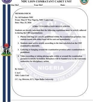 NDU Man O’ War notice on strict CBT exam regulations
