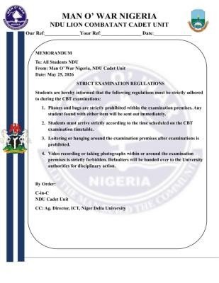 NDU Man O' War notice on strict CBT exam regulations