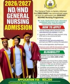 Ebonyi State College of Nursing Sciences, Uburu ND/HND Nursing Admission, 2026/2027