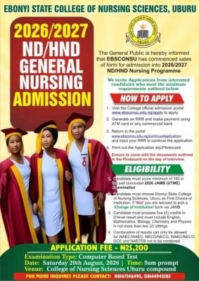 Ebonyi State College of Nursing Sciences, Uburu ND/HND Nursing Admission, 2026/2027