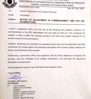 Federal University of Education, Zaria update on adjustment of CBT exam time