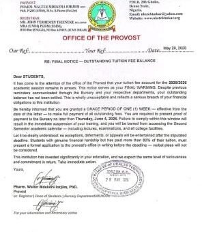 NKST College of Health Tech. Mkar issues final notice on payment of outstanding tuition fee