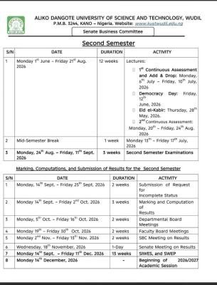 ADUSTECH releases approved second semester academic calendar, 2025/2026