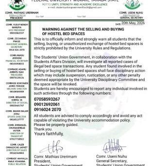 FUWUKARI SUG warns students against buying & selling of hostel spaces