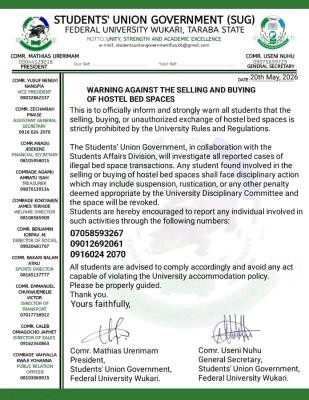 FUWUKARI SUG warns students against buying & selling of hostel spaces