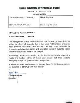 FUTO notice on mid-semester break