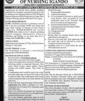 LASCON ND/HND admission form for 2026/2027 session