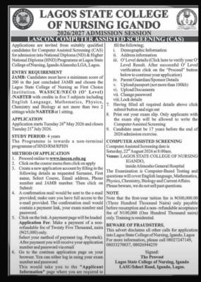 LASCON ND/HND admission form for 2026/2027 session