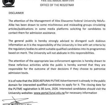 AE-FUNAI alerts the general public of admission scammers