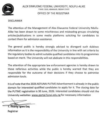 AE-FUNAI alerts the general public of admission scammers