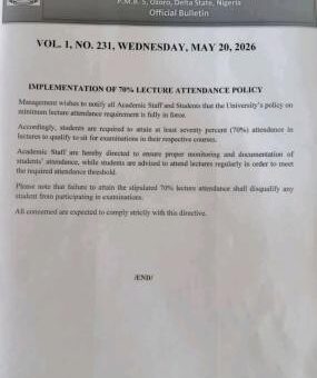 Southern Delta University reiterates mandatory of 70% lecture attendance Policy