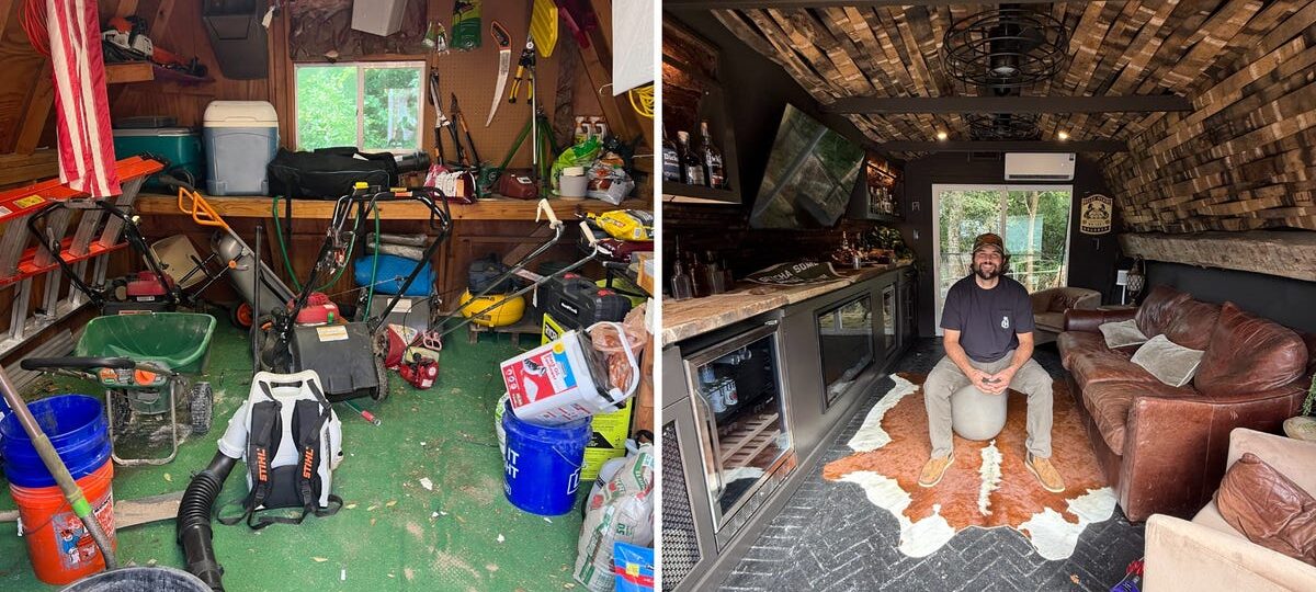 A man spent $3,000 transforming his old tool shed into an impressive man cave that doubles as a whiskey and cigar lounge