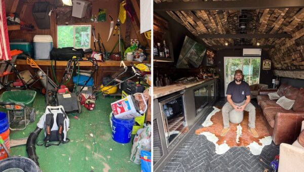 A man spent $3,000 transforming his old tool shed into an impressive man cave that doubles as a whiskey and cigar lounge