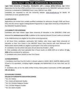 LASUED Post-UTME/DE 2026: Cut-off mark, Eligibility and Registration Details