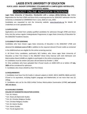 LASUED Post-UTME/DE 2026: Cut-off mark, Eligibility and Registration Details