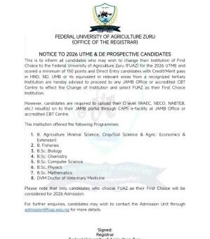 Federal University of Agriculture, Zuru Post-UTME Registration, 2026/2027