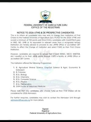 Federal University of Agriculture, Zuru Post-UTME Registration, 2026/2027