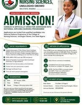 College of Nursing Sciences, Umulogho Obowo ND Nursing Admission form, 2026/2027