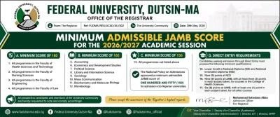 FUDTSINMA Departmental Cut off marks for 2026/2027 admissions