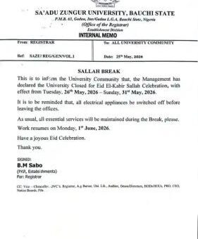 Sa’adu Zungur University announces Sallah Break