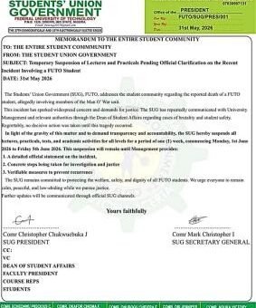 FUTO SUG suspends all academic activities for one week