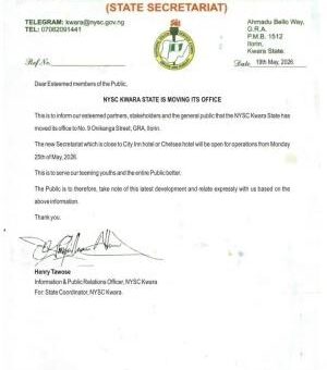 NYSC Kwara State Secretariat announces relocation to new office in Ilorin