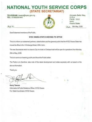 NYSC Kwara State Secretariat announces relocation to new office in Ilorin