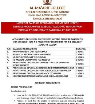 Al-Ma’arif College of Health Sciences announces sales of Application forms, 2026/2027 session