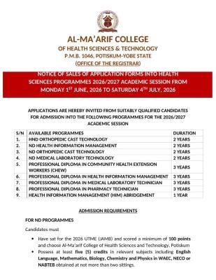 Al-Ma'arif College of Health Sciences announces sales of Application forms, 2026/2027 session