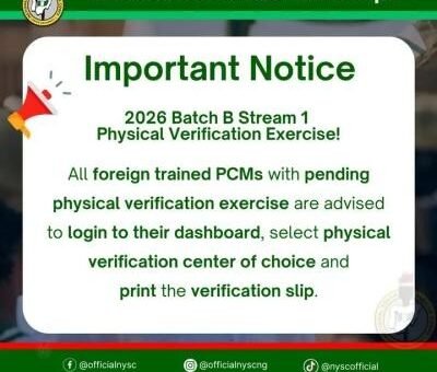 NYSC notice to 2026 Batch B Stream 1 Foreign-Trained PCMs