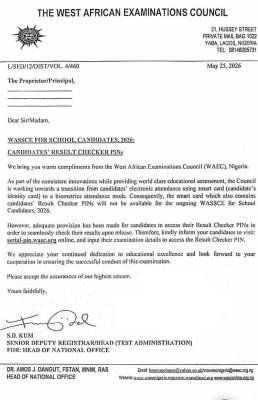 WAEC update regarding 2026 Result Checker PINs