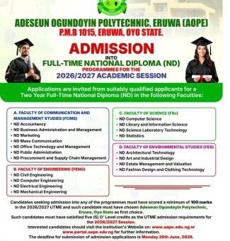 Adeseun Ogundoyin Polytechnic Post-UTME 2026: cut-off mark, eligibility and registration details