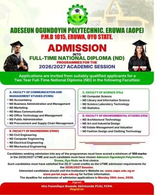 Adeseun Ogundoyin Polytechnic Post-UTME 2026: cut-off mark, eligibility and registration details