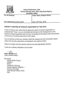 Fed Poly, Idah reiterates ban on hosting of musical equipment and promotional activities at the gates