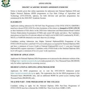 OYSCATECH Post-UTME 2026: Cut-off mark, Eligibility and Registration Details