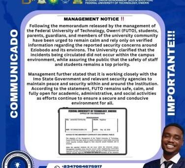 FUTO SUG clarifies security situation, collaborates with Imo State Government for maximum safety