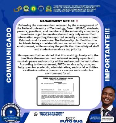 FUTO SUG clarifies security situation, collaborates with Imo State Government for maximum safety