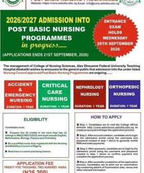 AE-FUTHA College of Nursing Sciences Post Basic Nursing Admission, 2026/2027