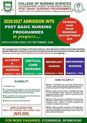 AE-FUTHA College of Nursing Sciences Post Basic Nursing Admission, 2026/2027