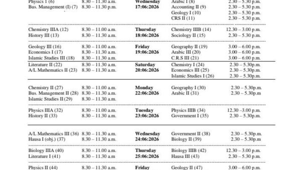 IJMB 2026 Examination Timetable | 2026 IJMB TIMETABLE